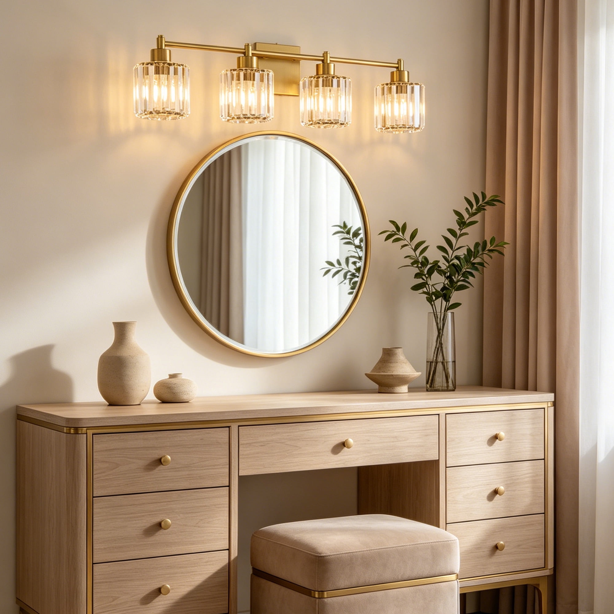 Deyidn Modern 4-Light Bathroom Vanity Light with Crystal Shades, 31 Inch Gold Dimmable Light Fixture for Mirror