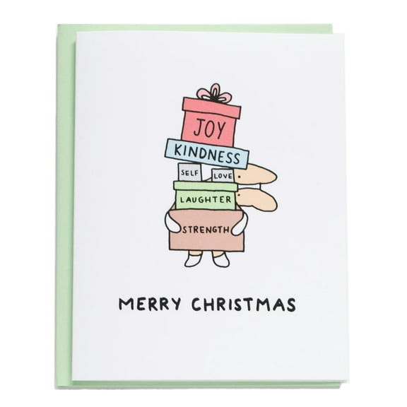 Merry Christmas Card with Joyful Design - Cute Bunny Holding Gifts - Blank Inside, Envelope Included - Perfect Holiday Greeting Card for Friends and Family