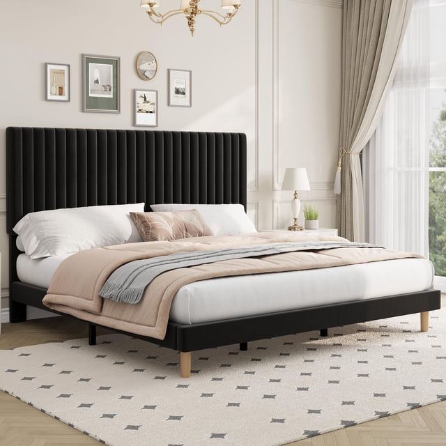 King Size Bed Frame, Adjustable Height Headboard, Velvet Upholstered Platform Bed Frame, No Box Spring Needed, Easy Assembly, Black