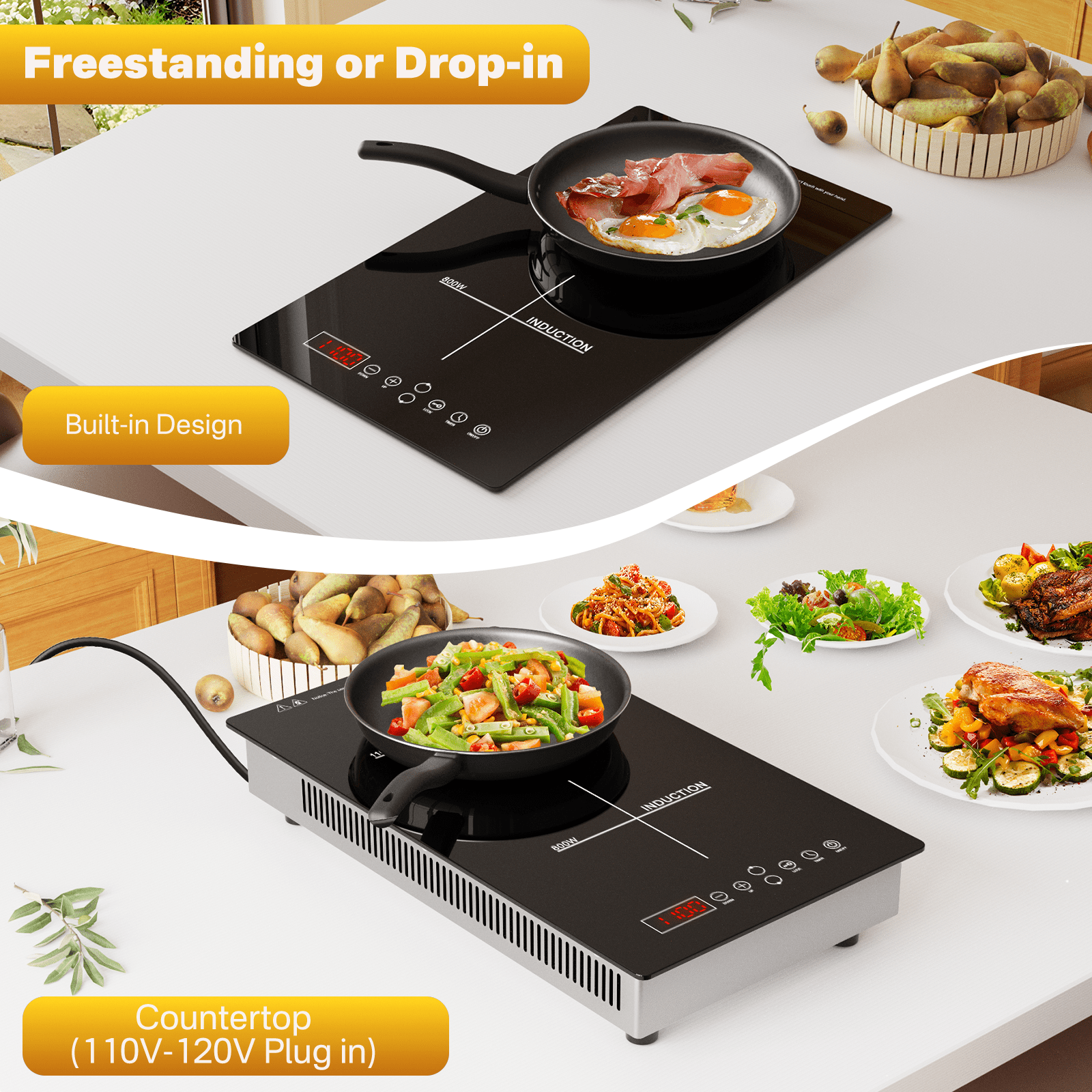 TYEMUI 12 Inch Dual Induction Cooktop, 2 Burner Electric Outdoor Stove, Built-In or Electric Portable Stove, Plug-in Outside Electric Stove with Timer & Child Lock, 120V Dual Zone Ceramic Glass Cookt