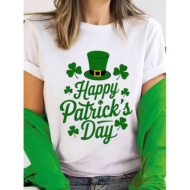 Women's "Happy St. Patrick's Day" White T-Shirt - Comfortable, Fashionable Casual Wear With Green Clover And Leprechaun Hat Design, Short Sleeve Round Neck Top, Seasonal Top|Comfortable Fit, Ladies T