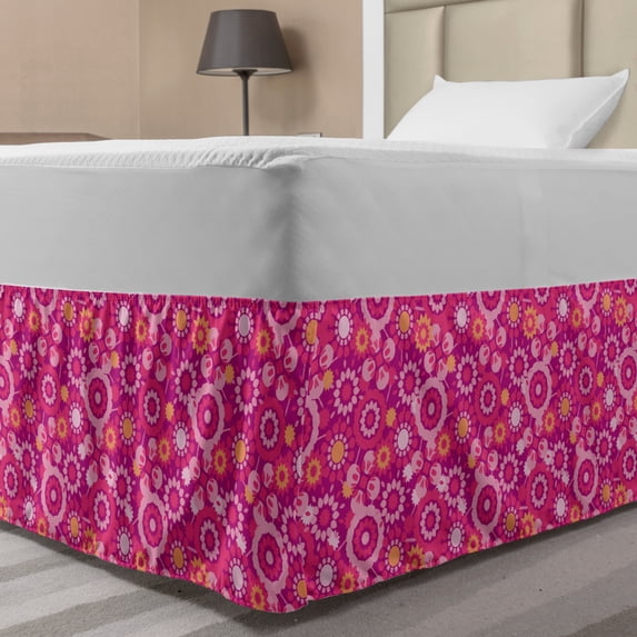 Blossom Bed Skirt, Tossed Circular Repeating Pattern in Retro Style Pink Tones Abstract Bloom, Elastic Bedskirt Dust Ruffle Wrap Around for Bedding Decor, 4 Sizes, Magenta and Orange, by Ambesonne