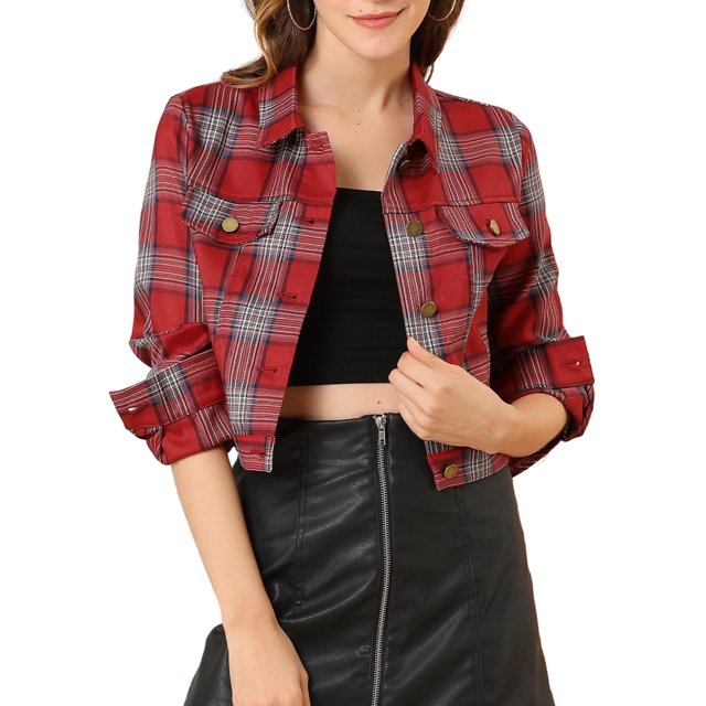 INSPIRE CHIC Women Classic Vintage Button Front Closure Chest Pocket Plaid Crop Jacket