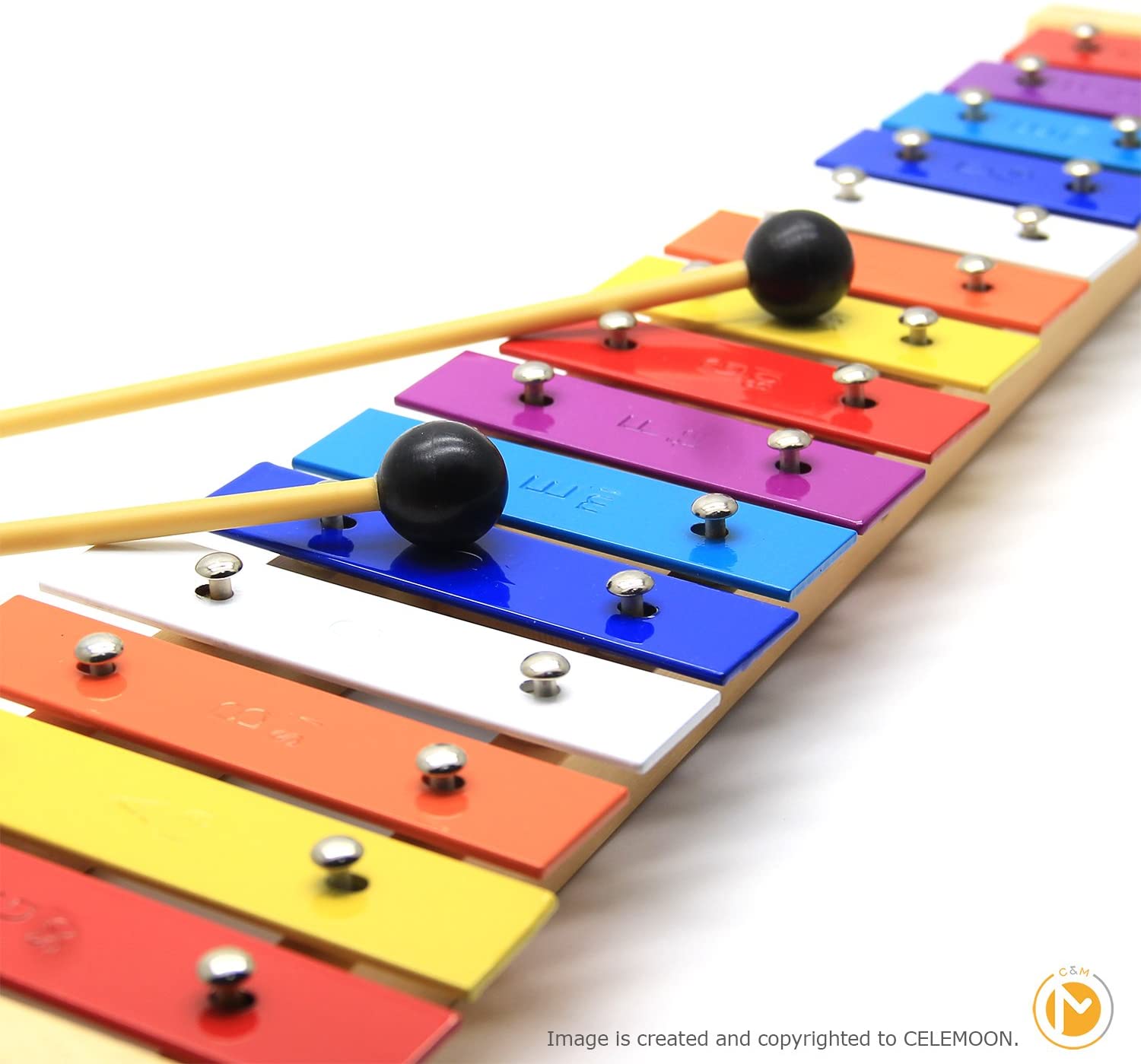 CELEMOON Natural Wooden Toddler Xylophone Glockenspiel For Kids with Multi-Colored Metal Bars Included Two Sets of Child-Safe Wooden Mallets (15-tone) 15-tone