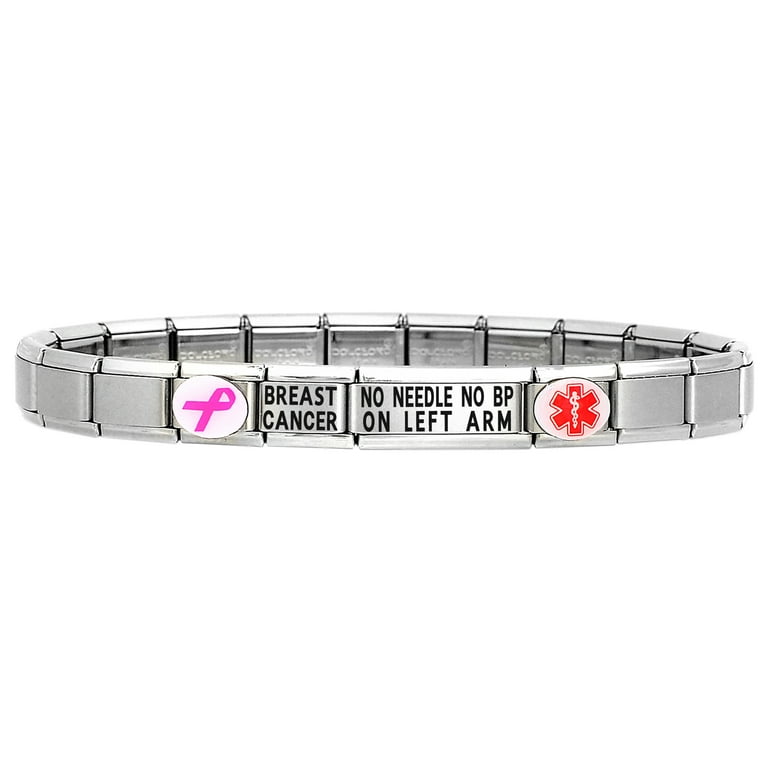 BREAST CANCER Medical Alert ID Bracelet NO NEEDLE NO BP ON LEFT
