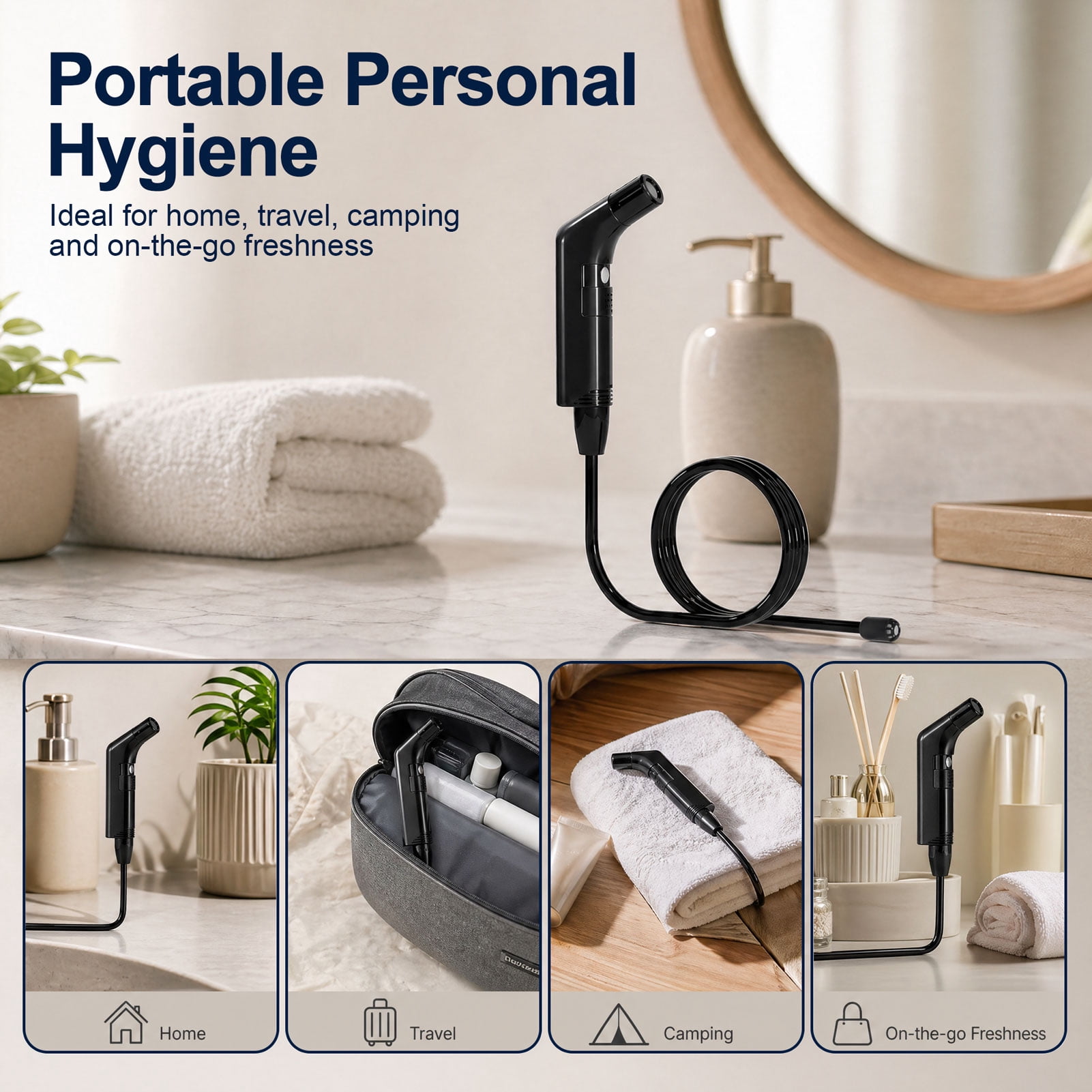 WOWER Rechargeable Portable Bidet with 2 Spray Modes, 800mAh Battery and 2M Hose for Travel, Camping and Postpartum Care