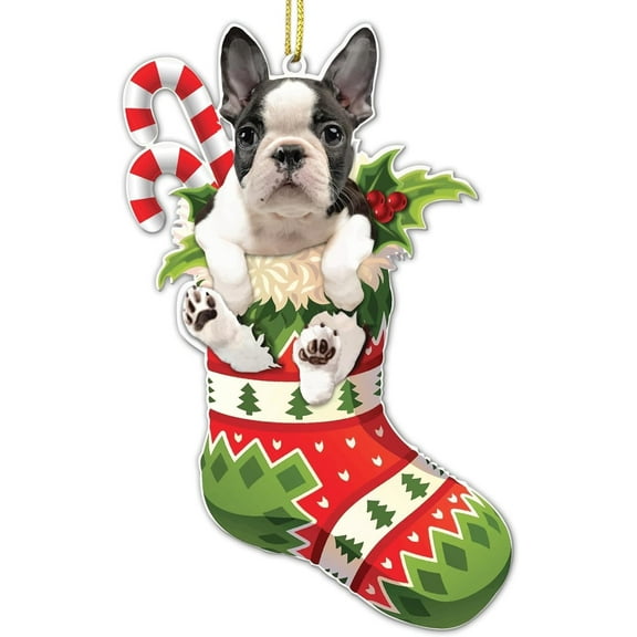 Boston Terrier Dog Acrylic Christmas Ornament – Terrier in Holiday Stocking – 2025 Tree Hanging