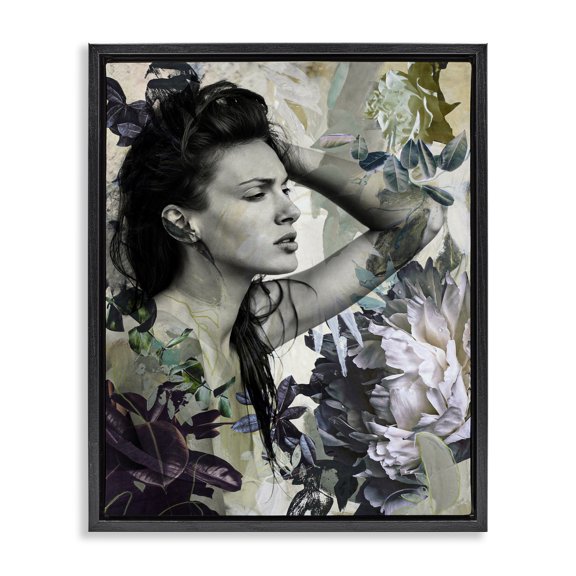 Stupell Industries Traditional Floral Blossom Woman Collage Black Floating Frame Canvas Art, 25 x 31, by Design Fabrikken
