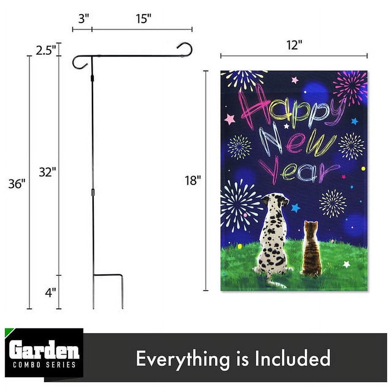 G128 Sets: 36"x16" New Year Garden Stand AND 12"x18" Garden Flag Dog and Cat