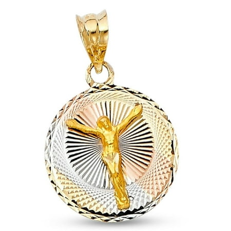 Gold Jesus Christ Charm - Solid 14k Yellow White Rose Gold Round Jesus Crucifix Pendant Religious Charm Tri Color 20 x 15 mm