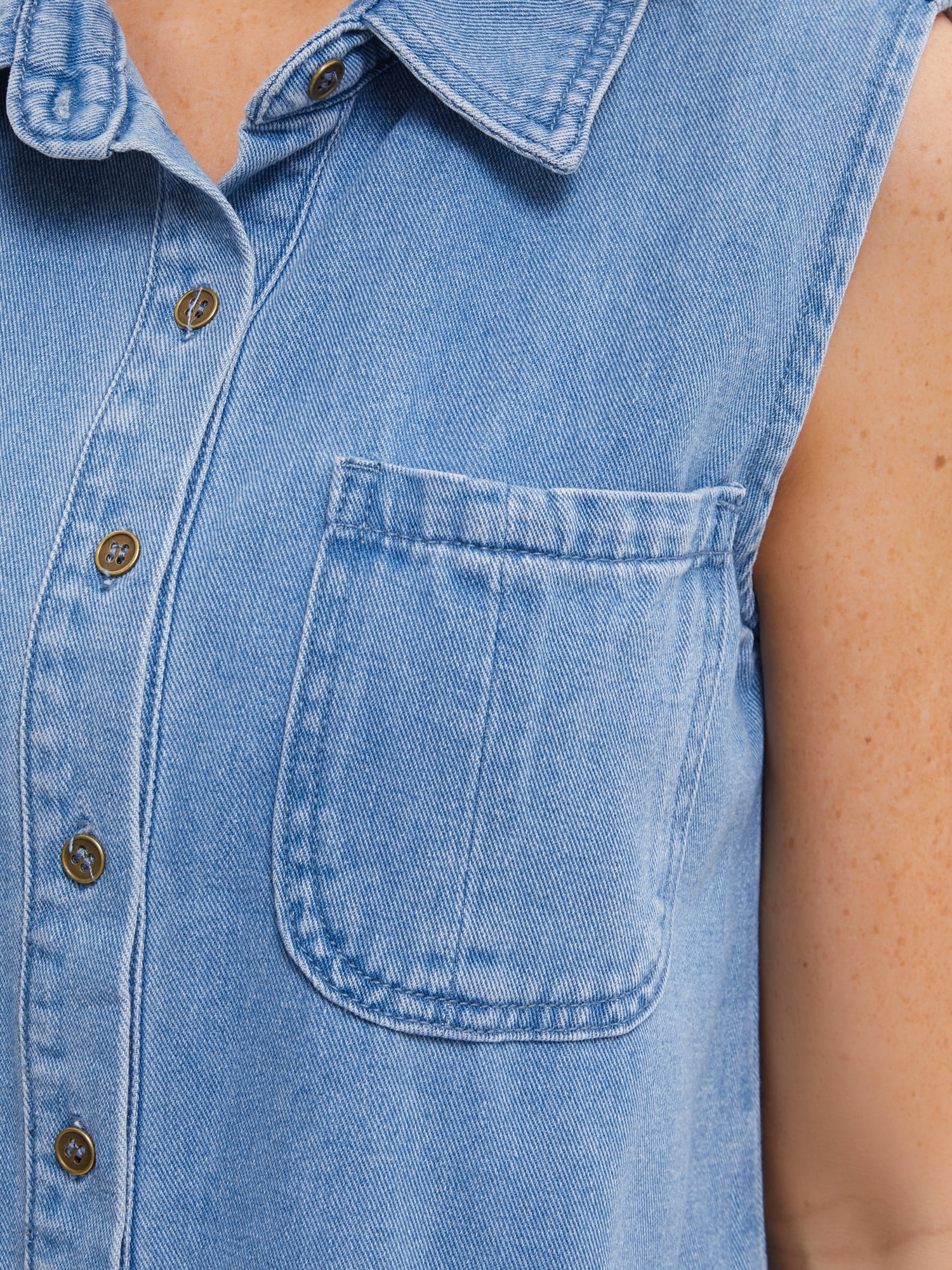 DARING DIVA Women's Denim Tank Sleeveless Button Down Collared Jean Shirt M Sky Blue