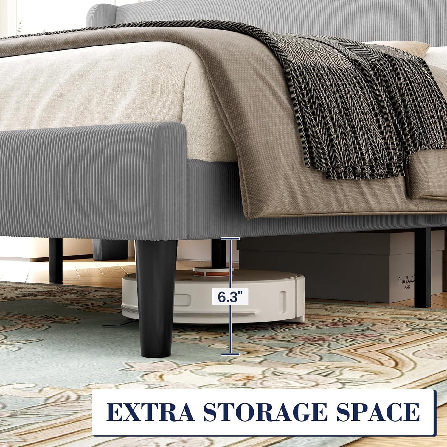 Senfot Full Size Bed Frame,Upholstered Platform Bed with Wingback Headboard,Velvet Upholstered Bed Frame with 2 Storage Pockets,Strong Wooden Slat Support,Box Spring Optional,Easy Assembly,Light Gray