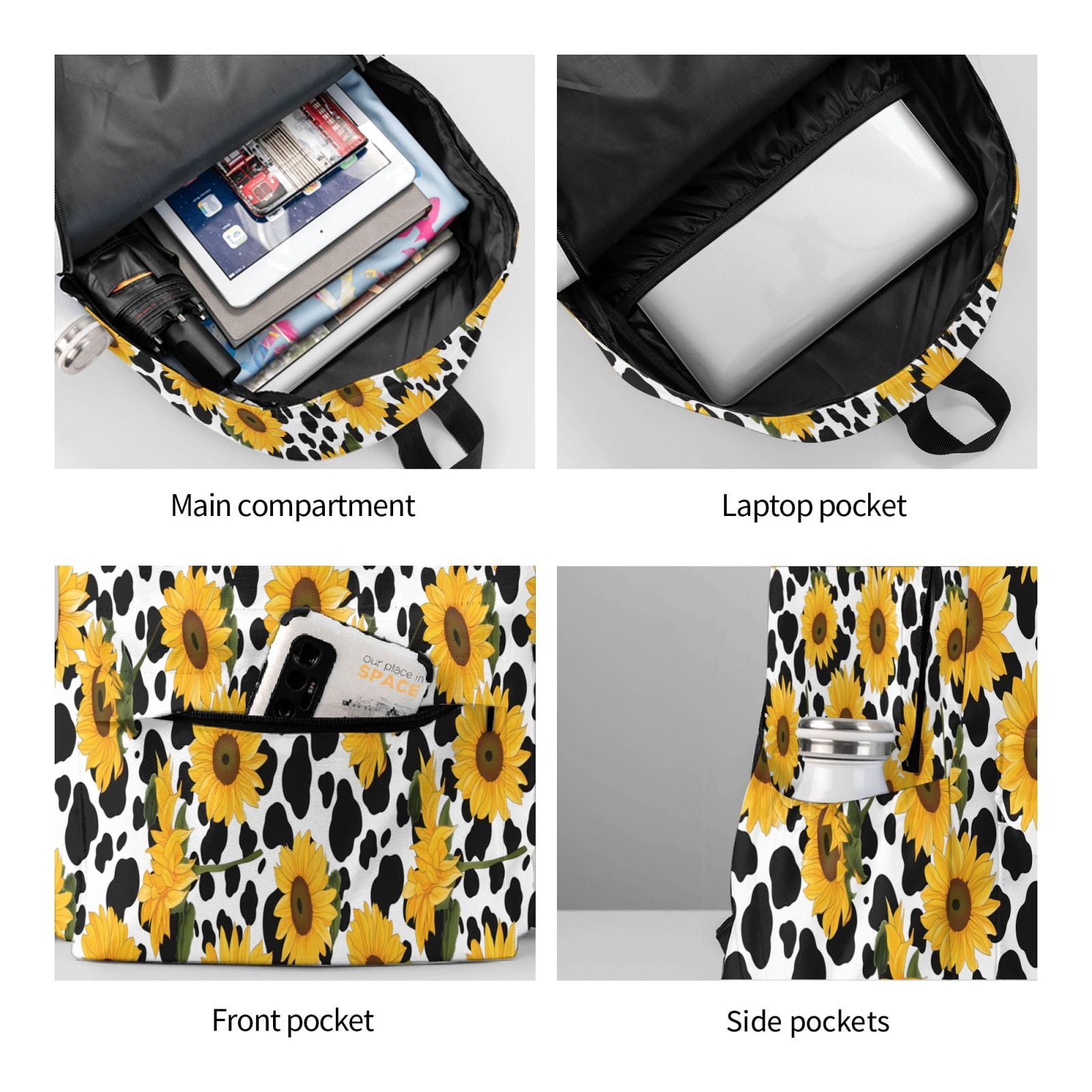 Rateoe Cow Print Sunflower Pattern Student Backpack,Backpack for School,Lightweight Bag,Travel Backpack,Outdoor Backpack,Large Capacity Backpack