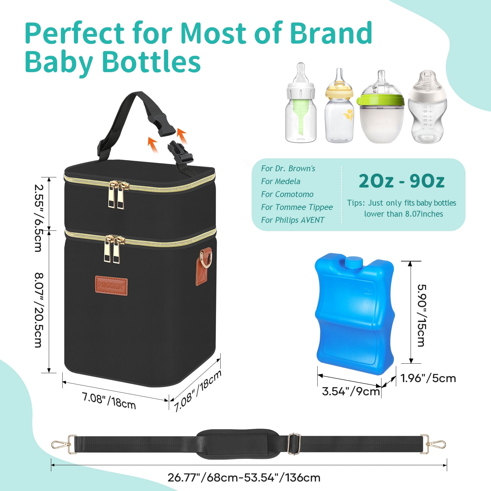 Breastmilk Cooler Bag with Ice Pack ,Fits 4x 9oz Bottles, Insulated Baby Bottle Tote with Shoulder Strap, Small Thermal Nursing Bag for Working Moms & Daycare (Black-S)