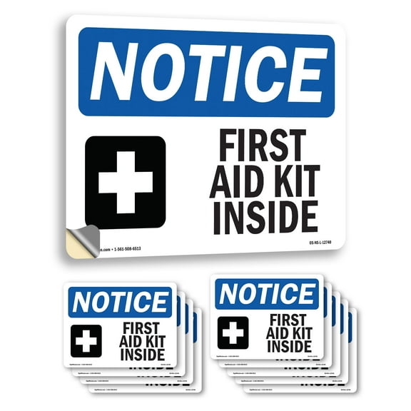 First Aid Kit Inside With Symbol OSHA Notice Vinyl Decal Label 14 Inch x 10 Inch - 10 Pack