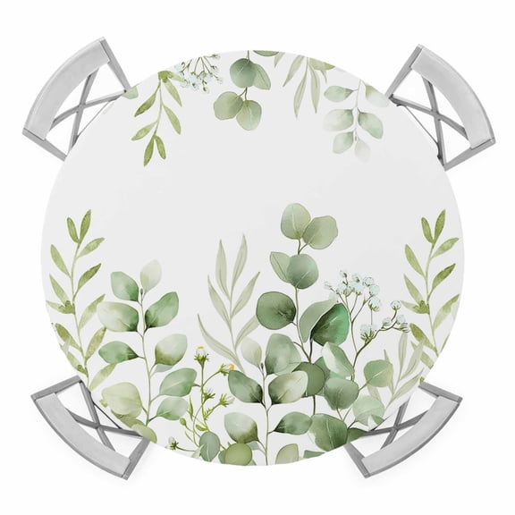 Green Eucalyptus Round Fitted Tablecloth with Elastic Edge, Waterproof Table Cloth Table Cover for 45"-54" Tables, Farmhouse Botanical Leaves Tablecloths for Dining Picnic Indoor Outdoor