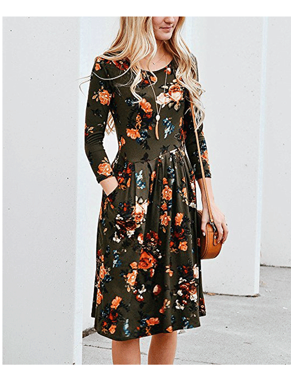Womens Long Sleeve Floral Pockets Casual Swing Pleated T-shirt Dress 