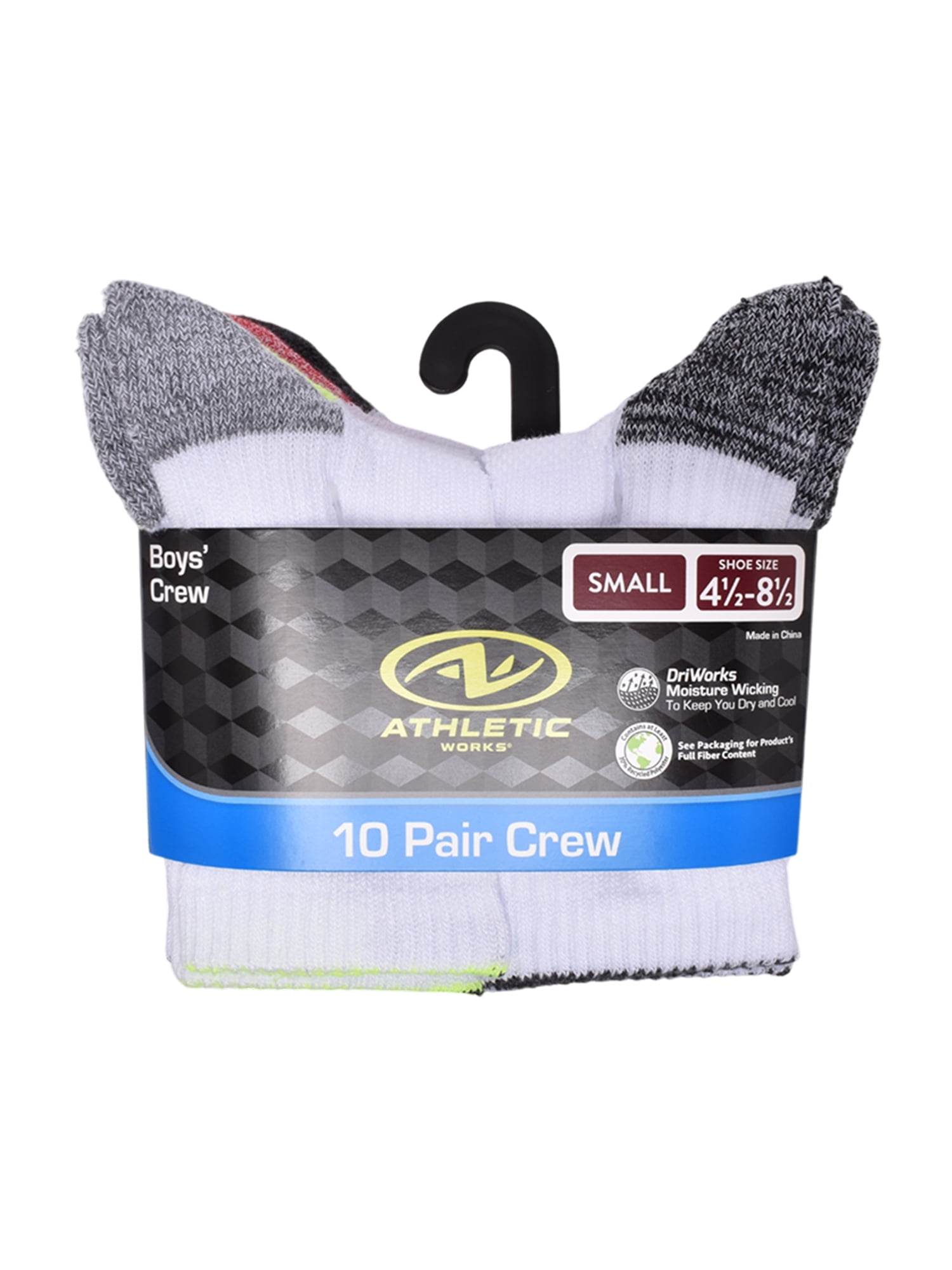 Athletic Works Boys Cushioned Crew Socks, 10-Pack S (4-8.5) - L (3-9)