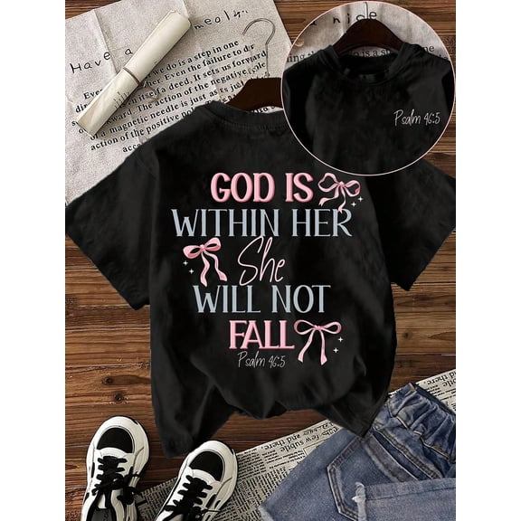 Women Christian T Shirt God Is Within Her She Will Not Fall Psalm 46:5 Bible Verse Graphic Tee Faith Inspirational Oversized Casual Summer Streetwear