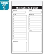 Minimalist To Do List Notepad 5.5 x 8.5 Inch, Pack of 5 Daily Task Planner Pads, 50 Sheets Per Pad, Checklist Notebook for Home, Office, School, Made in USA