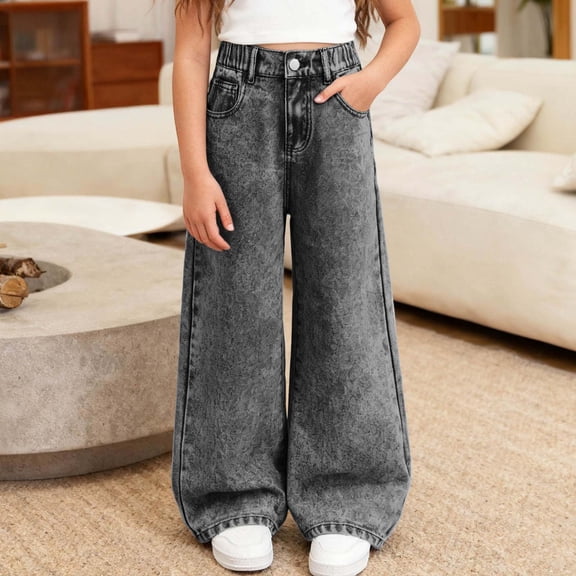 Girl Jeans Elastic Wasit Jeans Girls Straight Leg Wide Leg Jeans High Waisted Girls Jeans Baggy with Pocket Girls School Pants 8-9 Years