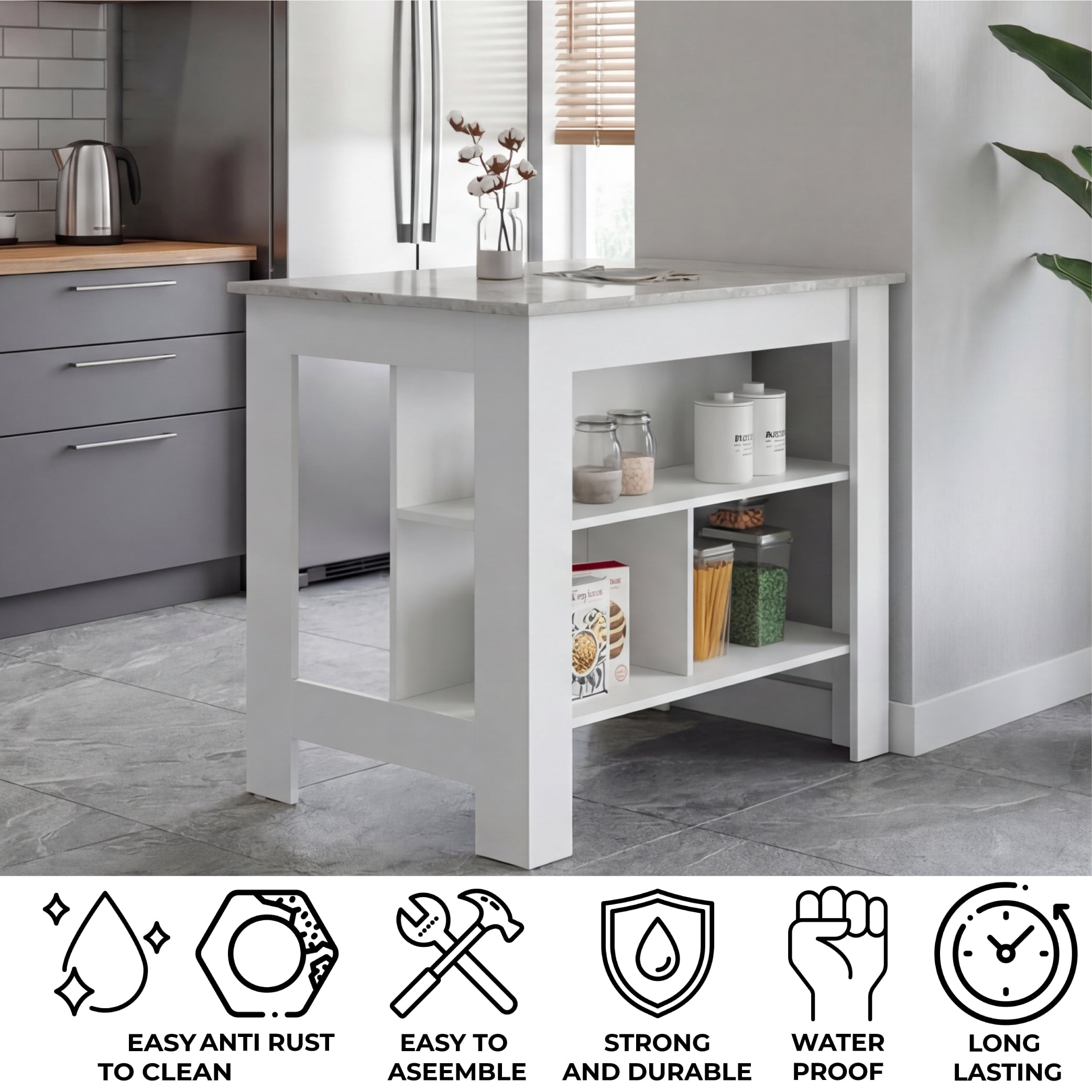 TUHOME Cala Kitchen Island with Antimicrobial Tabletop & 3 Open Shelves, Seating Workstation