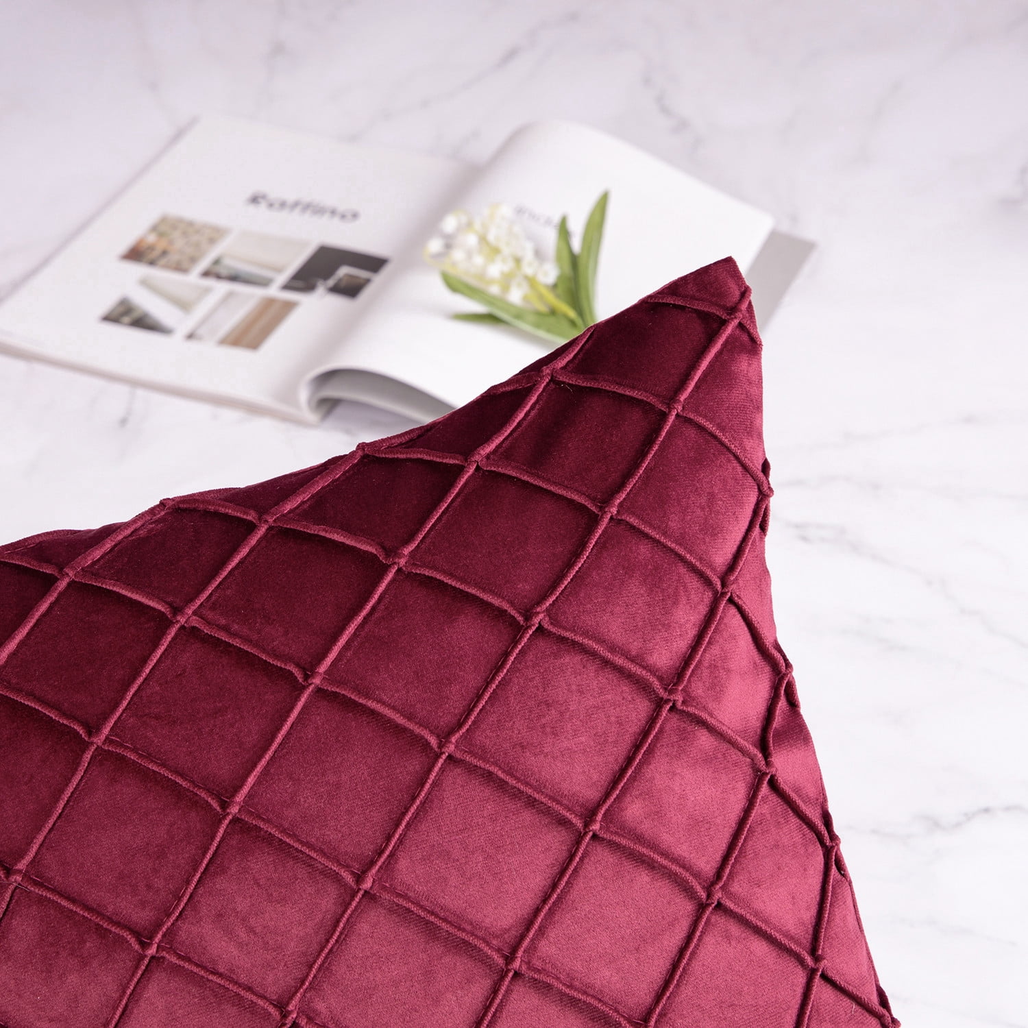 Phantoscope 18"x18" Velvet Pleated Checker Decorative Pillow, Red