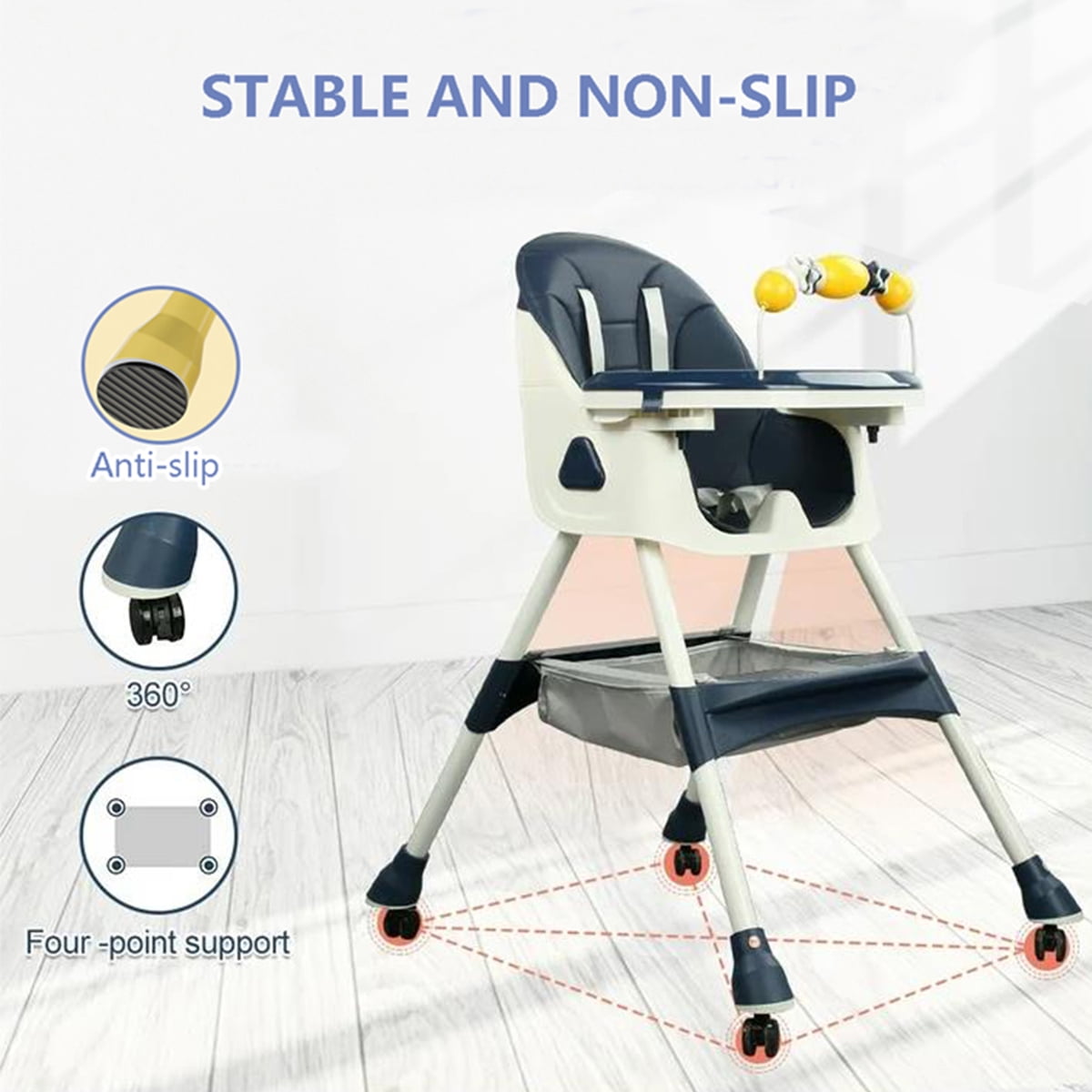PUEDO 4-in-1 Baby High Chair Portable Toddler Dining Chairs Eat & Play Convertible Highchair with Adjustable Tray, Blue