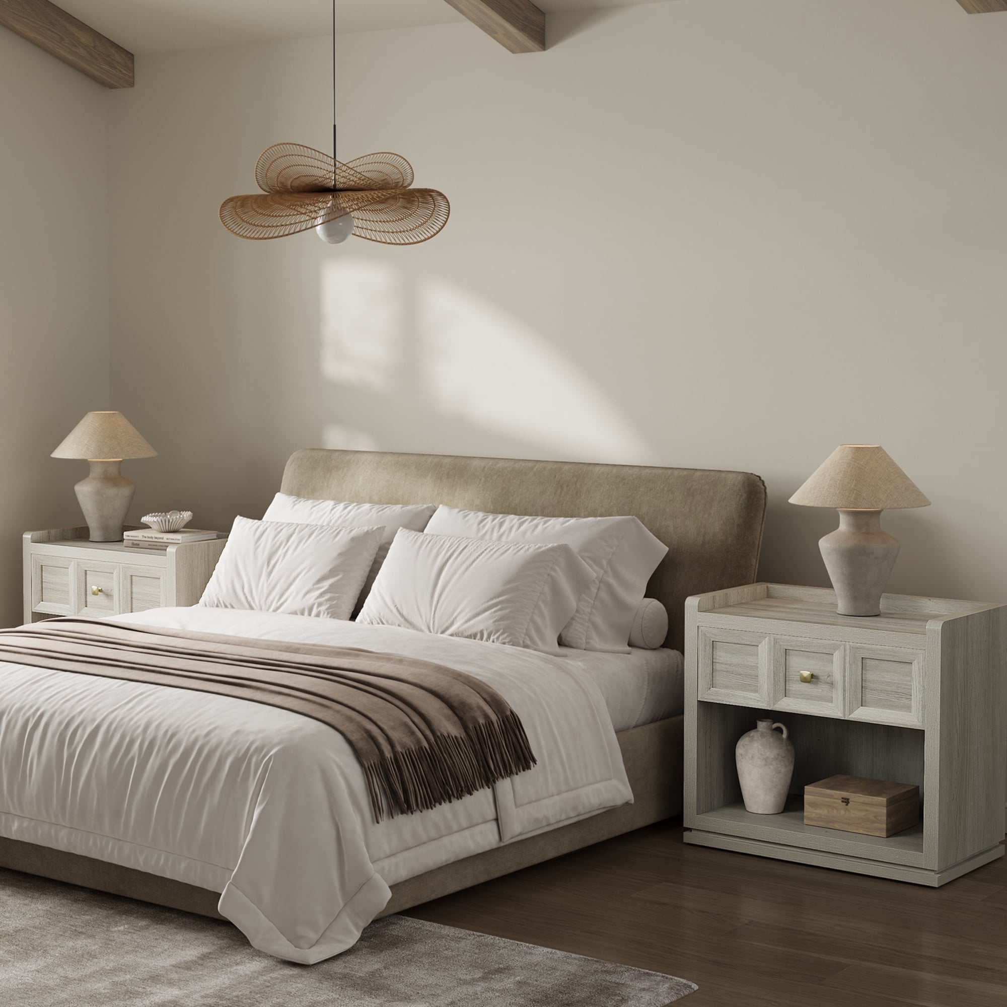 SICOTAS 26" W Farmhouse Nightstands Set of 2, Big nightstands with Drawer & Open Shelves, Large Bedside Table, End table for Bedroom, Living Room, White Oak