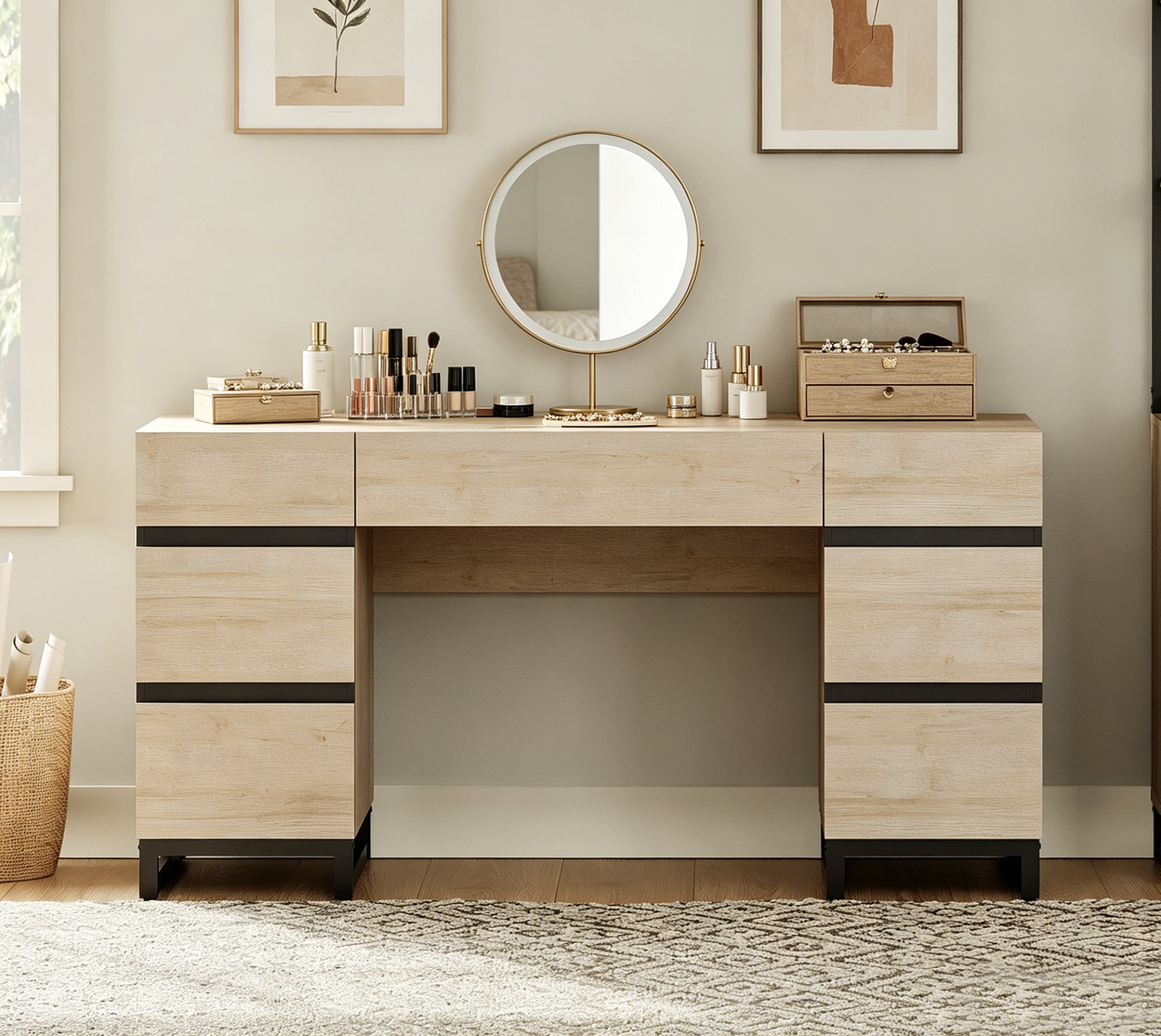 WAMPAT 59 Inch Modern Oak Vanity Desk, Wooden Makeup Dressing Table with Built-in Charging Station and 7 Deep Storage Drawers & Cabinets, Multifunctional Cosmetic Organizer Table for Bedroom,Beige