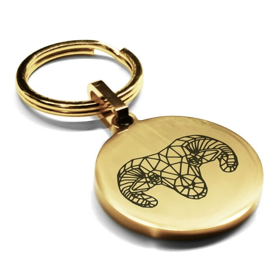 Stainless Steel Geometric Polygon Ram Animal Round Medallion Keychain Circle Ring