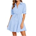 thumbnail image 2 of Sokhug Shirt Dresses for Women Striped Puff Sleeve Turn Down Collared Waist Tie Flared Hem Casual A Line Mini Dresses, 2 of 6