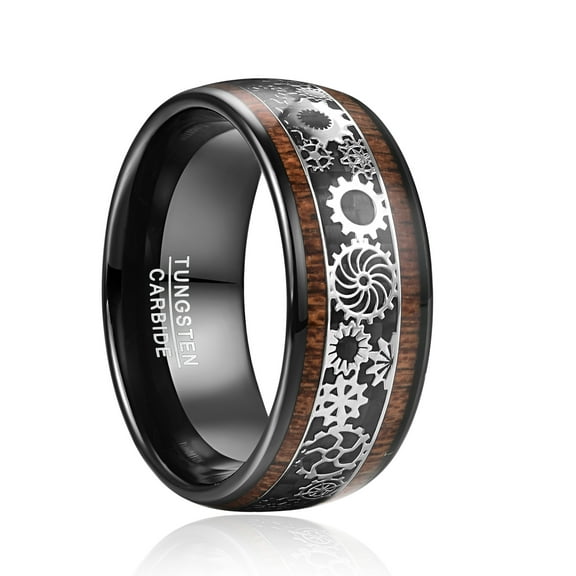 JQUEEN 10mm Steampunk Gear Wheel Tungsten Ring for Men Women Koa Wood Inlay Domed Polished Comfort Fit