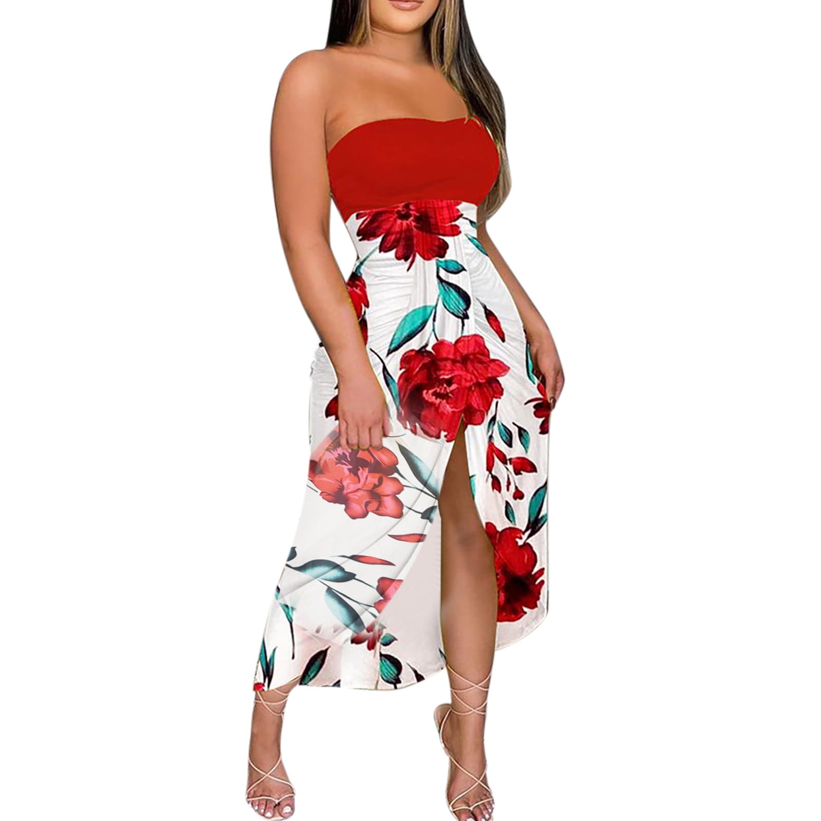 Women's Beach Dress Summer Maxi Sundress Strapless Hawaiian Cover Ups  Asymmetrical Wrap Dresses 