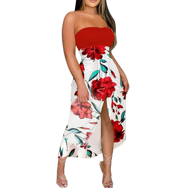 Bigersell Women Strapless Dress Summer Off Shoulder Sleeveless Maxi Long  Dresses Front Ruched High Split Bandeau Tube Tops Night Out Party Dress