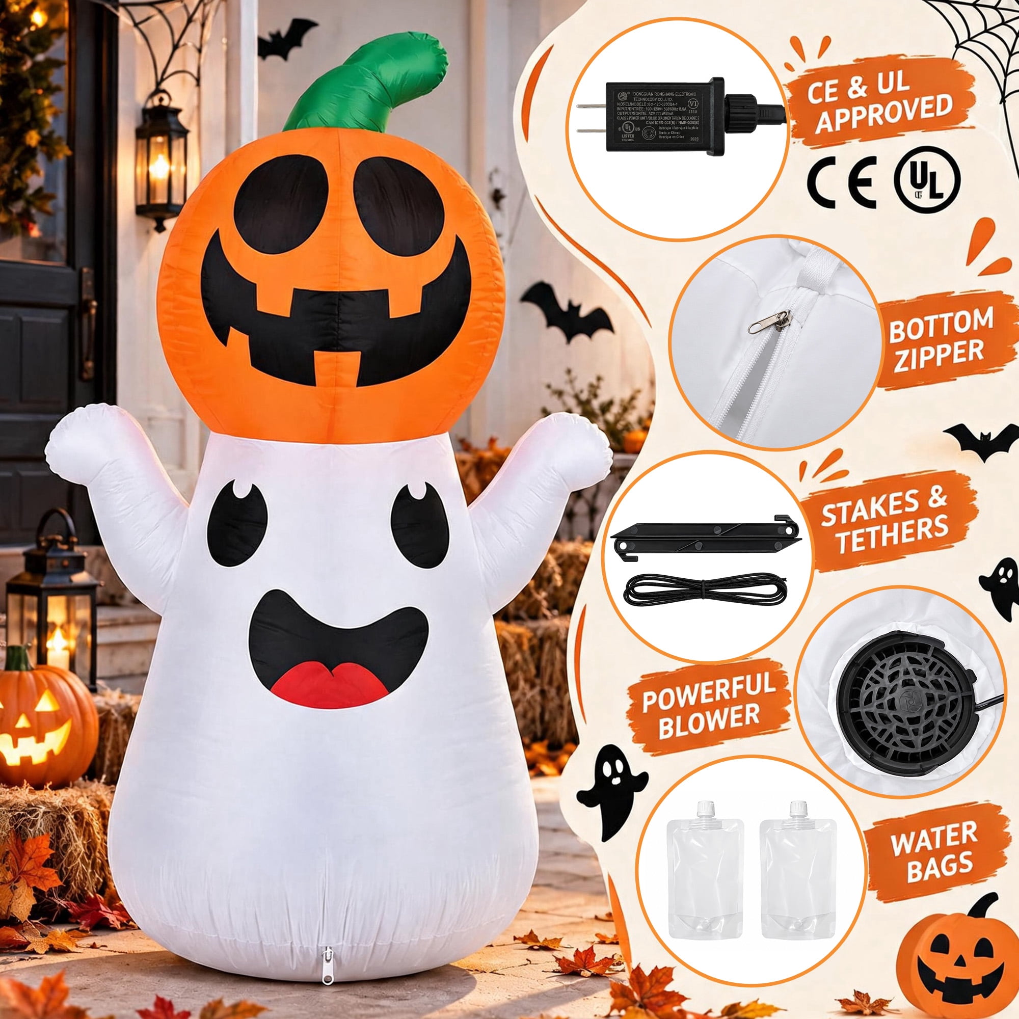 GARITIN Halloween Inflatable Decorations, 5.48 FT Blow Up Ghost with Pumpkin Head, Rotating LED Lights Waterproof Polyester Outdoor Yard Decor
