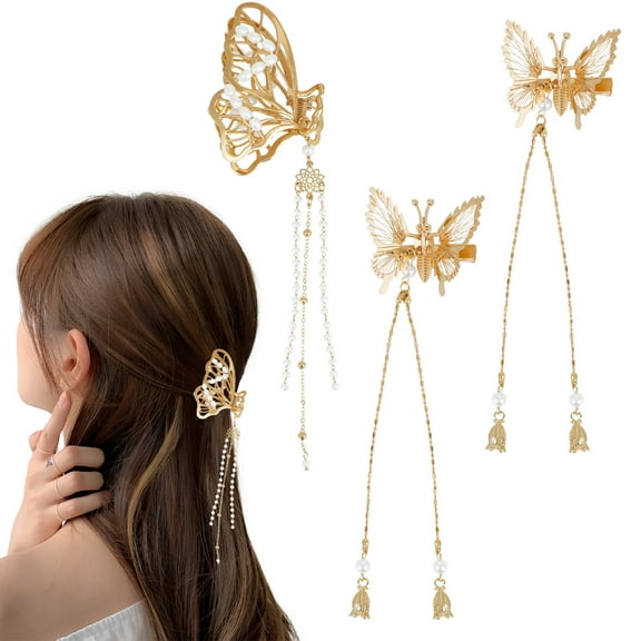 3Pcs Elegant 3D Gold Tassel Hair Barrettes, Moving Butterfly Hair Clips, Antique Side Clip, Metal Moving Wings Tassel Butterfly Hairpin Decorative Pins Hair Accessories for Women Girls