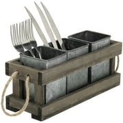 MyGift 3-Slot Vintage Dark Brown Wood and Galvanized Silver Metal Dining Utensils Holder Server Caddy with Rustic Rope Handles