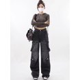 thumbnail image 5 of 2024 Nuevos pantalones vaqueros negros de pierna ancha con múltiples bolsillos de estilo callejero americano para mujer, monos rectos sueltos de estilo hip-hop Y2K para parejas, ropa de calle, 5 of 5