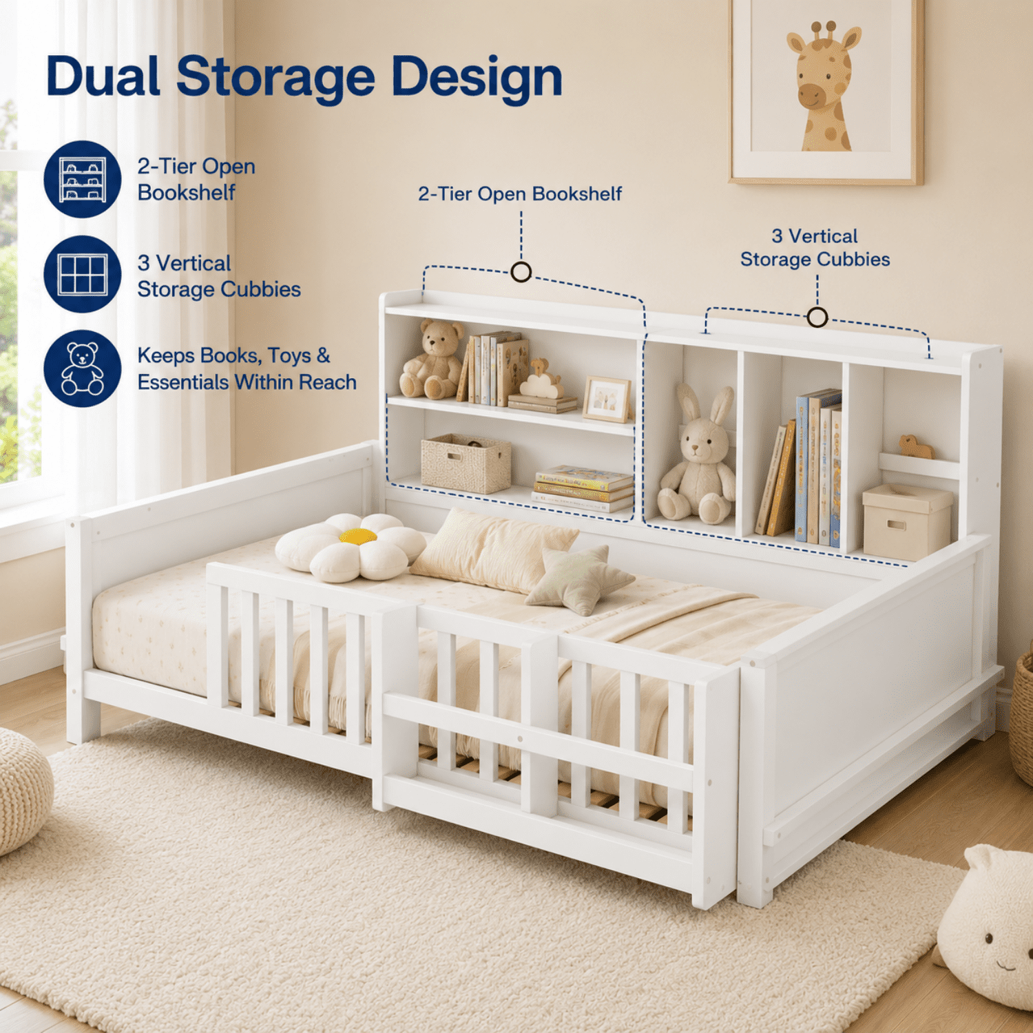 Miniyam Twin Size Floor Bed, Kids Wood Bed Frame with Guardrails, Side Bookshelf, White