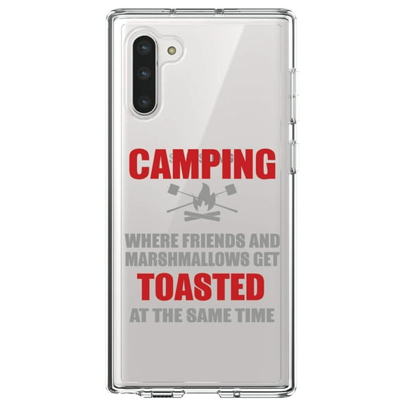 DistinctInk Clear Shockproof Hybrid Case for Samsung Galaxy Note 10 (6.3" Screen) - TPU Bumper Acrylic Back Tempered Glass Screen Protector - Camping - Friends & Marshmallows Get Toasted