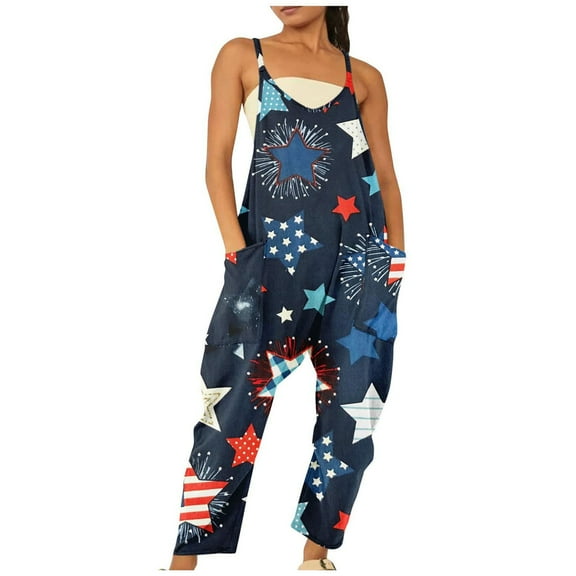 Usmixi Womens Jumpsuits Loose Pocket Spaghetti Strap Independence Day Jumpsuits Overalls Casual Star Print V-Neck Sleeveless Maxi Summer Rompers Navy xxxl