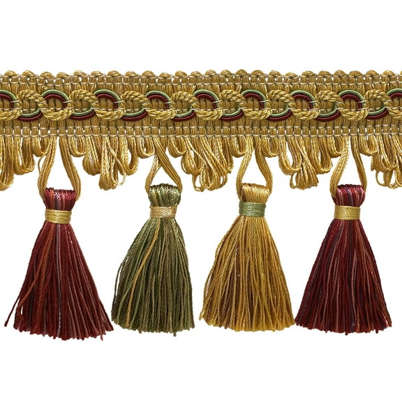 2 3/4" (7cm) Imperial Collection Scroll Gimp and Scalloped Loop Tassel Fringe Trim # NT2502,, Holiday Red #3752 (Crimson Red, Light Gold, Mint Green) Sold By The Yard (36"/3 ft/0.9m)