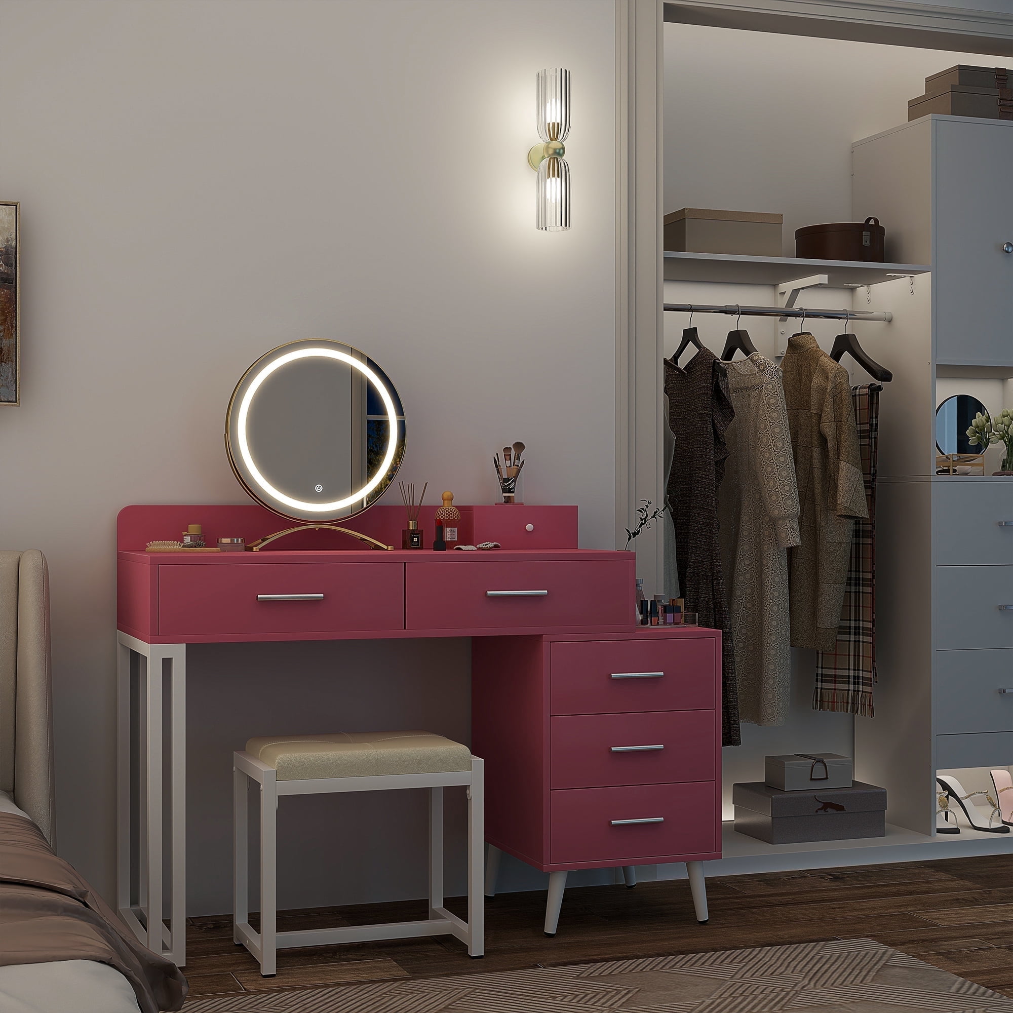 Homieasy Vanity Desk with Mirror and Lights, Modern Makeup Vanity Table Set with 6 Storage Drawers and Cushioned Stool for Bedroom, Dressing Table with Divided Organizers for Women, Pink
