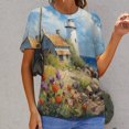 thumbnail image 6 of Lighthouse Sunrise Coast Scenery Pale Blue Tan Women's T-Shirt Short Sleeve T Shirts Tops Tee Ladies Loose T, 6 of 6