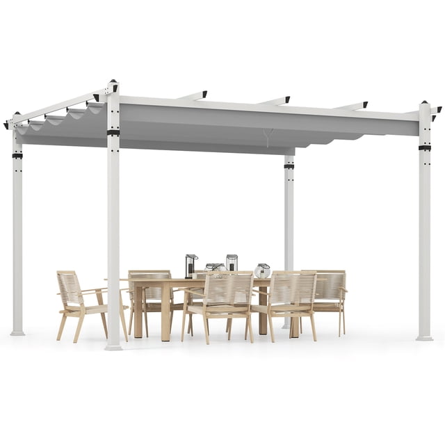 Gymax 12' x 10' Outdoor Pergola w/ Retractable Canopy Aluminum Frame Anchors Patio Grey