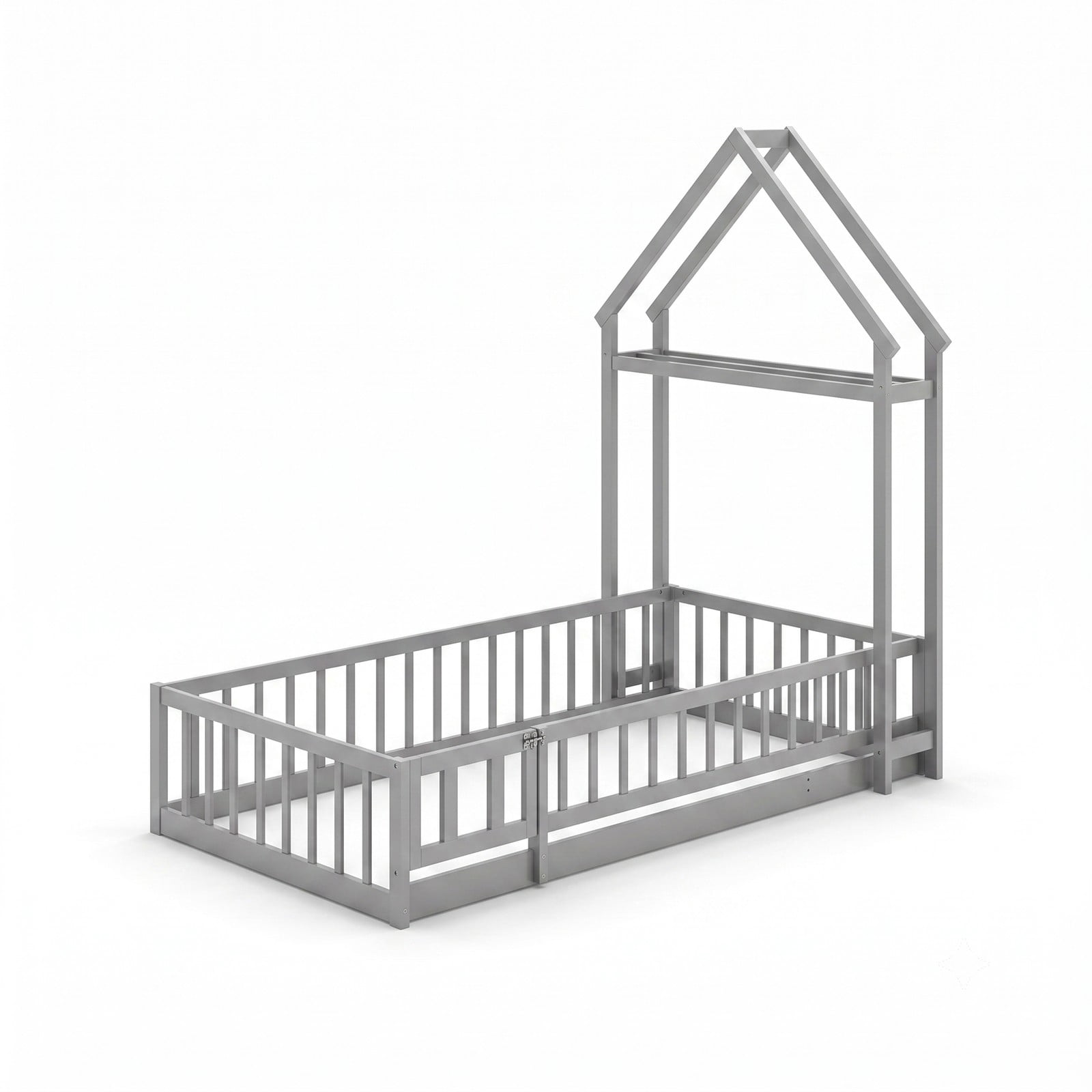 Furnibear Full Size House Floor Bed, Montessori Floor Bed with House-Shaped Frame and Full-Length Fence Guardrails for Kids Room, Gray