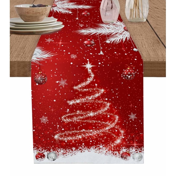 Red Christmas Tree Table Runner 108 Inches, Xmas Balls Snowflake Pine Needles Bed Runner Dresser Scarves Tabletop for Indoor Outdoor Parties/Ceremony/Banquet, 13"x 108"