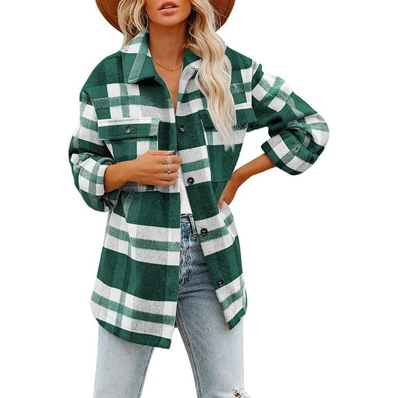 Powerdelux Women's Plaid Shacket Jacket Coat Flannel Button Down Warm Shirt Top