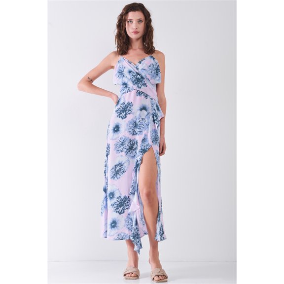 Floral Print Sleeveless Self-tie Wide Wrap Front Ruffle Hem Side Slit Detail Midi Dress M